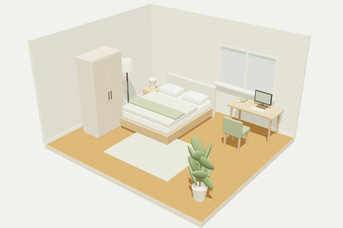 木質地板、雙人床與工作桌的 3D 房間配置