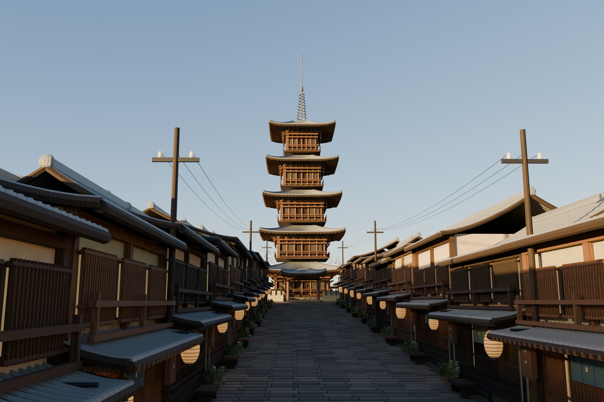 八坂之塔與東山石板街道，Blender 夕照渲染