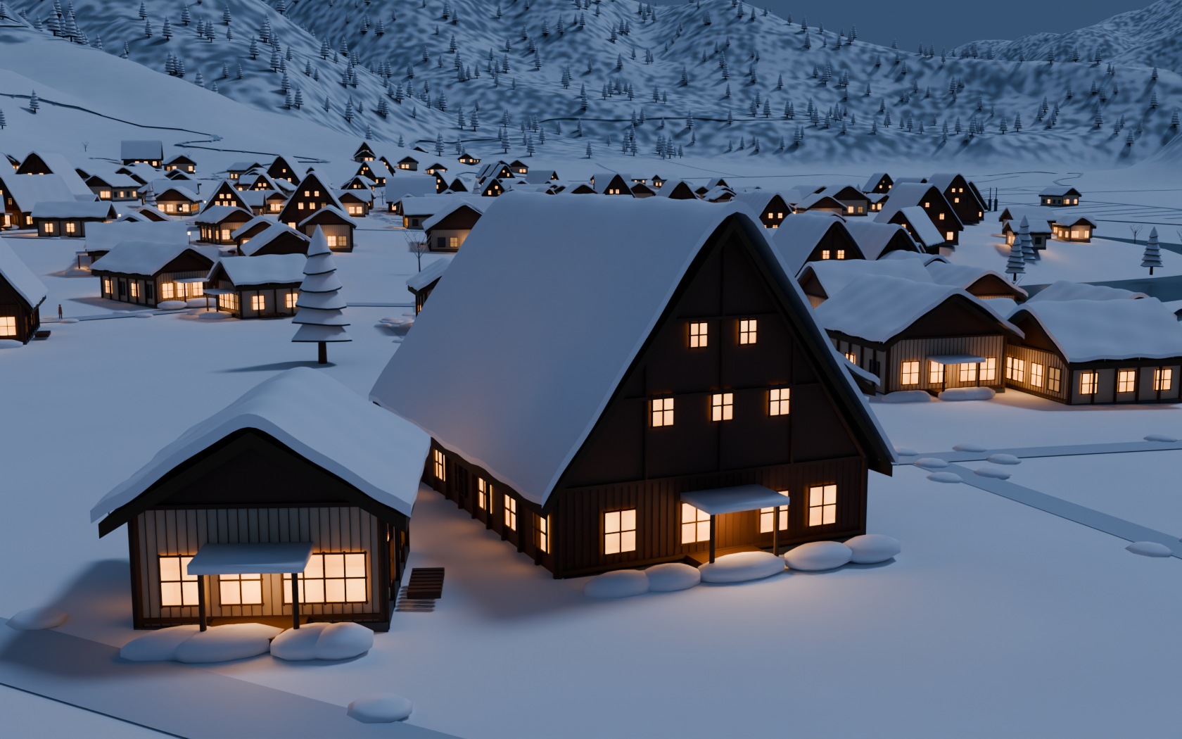 Blender 白川鄉合掌屋雪夜渲染