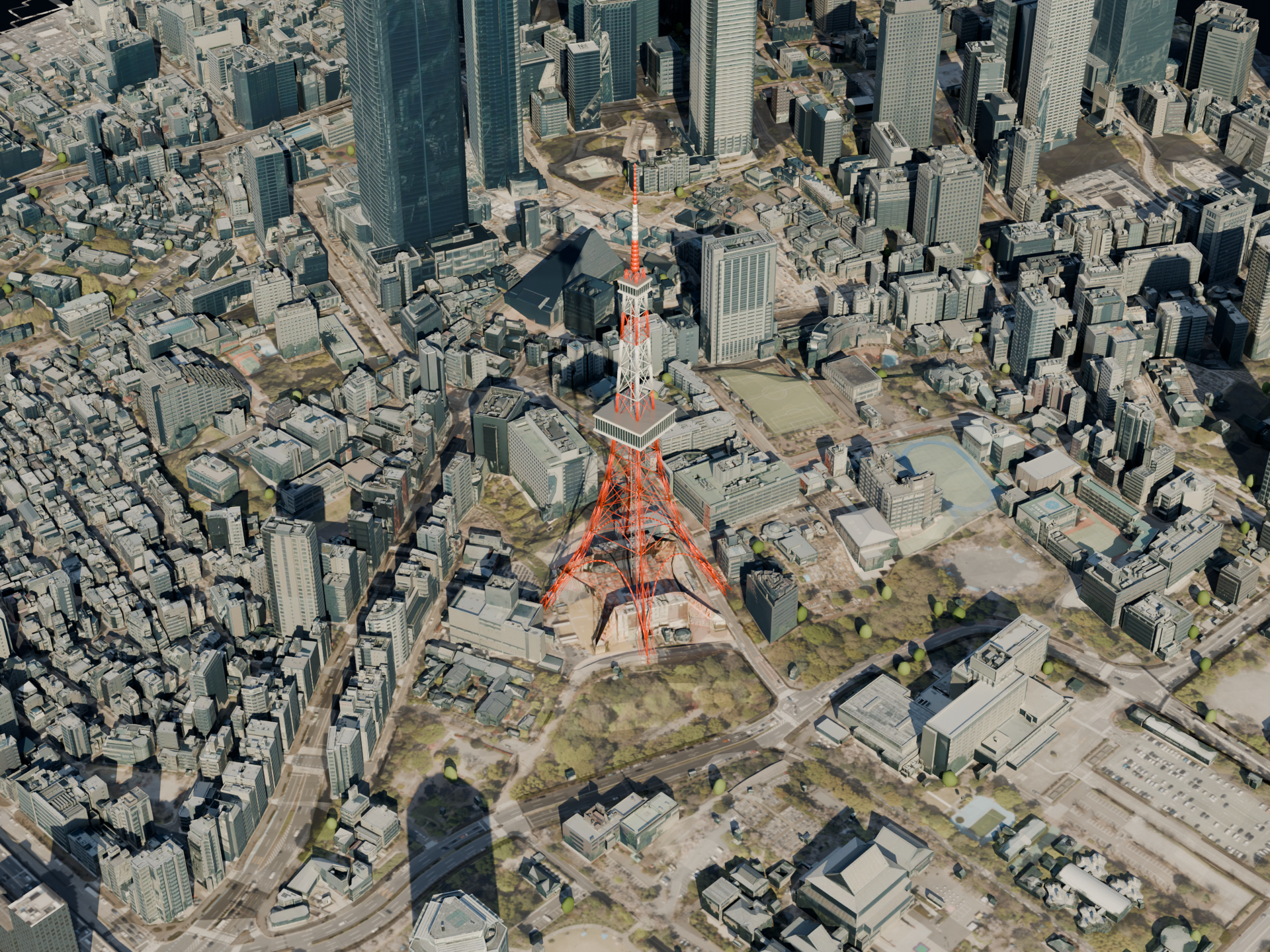 東京鐵塔周邊城市的 Blender 鳥瞰渲染圖