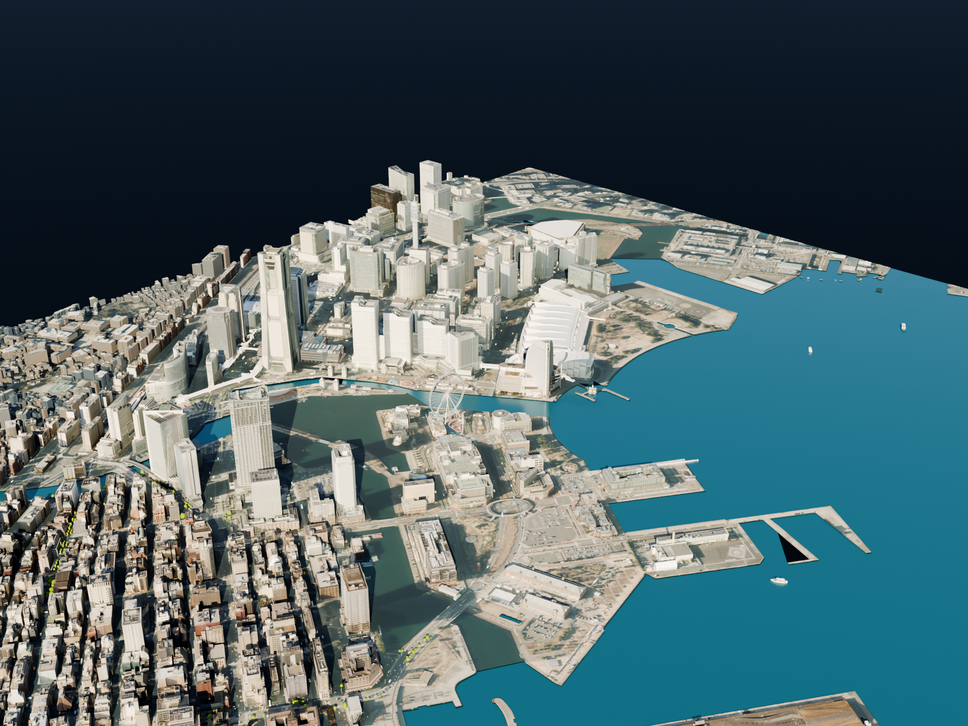 橫濱港未來城市的 Blender 鳥瞰渲染圖